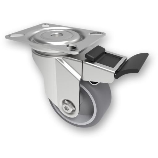 Grey Rubber Swivel Castoring Wheel with Brake - 75mm (70kg)